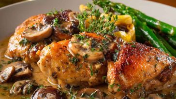 Tender chicken in a creamy white wine sauce with garlic and herbs, served in a skillet with a rich, velvety texture.