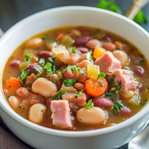 A rustic bowl of ham and bean soup with chunks of ham, white beans, carrots, and herbs in a golden broth, served with crusty bread.