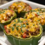 Colorful bell peppers stuffed with seasoned rice, ground meat, vegetables, and melted cheese, baked golden in a casserole dish.