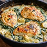 Juicy baked chicken breasts topped with creamy spinach artichoke sauce, melted cheese, and fresh herbs served in a skillet.