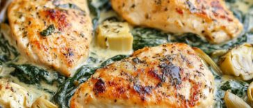 Juicy baked chicken breasts topped with creamy spinach artichoke sauce, melted cheese, and fresh herbs served in a skillet.