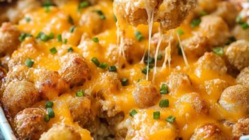 Golden baked tater tot casserole layered with ground beef, creamy sauce, melted cheese, and crispy tater tots on top.