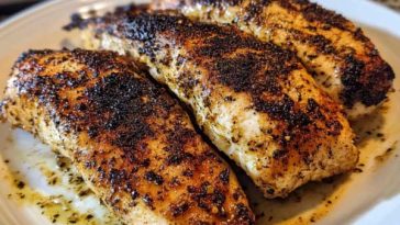 A sizzling blackened chicken breast with charred edges, served over rice and garnished with fresh herbs and lemon wedges.