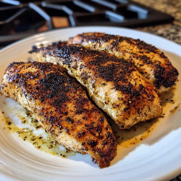 A sizzling blackened chicken breast with charred edges, served over rice and garnished with fresh herbs and lemon wedges.