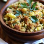A rustic baking dish filled with golden cornbread stuffing, featuring herbs, celery, onions, and crispy edges.