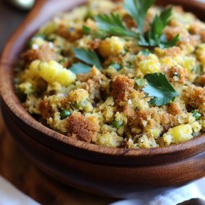 A rustic baking dish filled with golden cornbread stuffing, featuring herbs, celery, onions, and crispy edges.