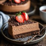 No bake Nutella cheesecake with a creamy chocolate-hazelnut filling, Oreo crust, and whipped cream topping.