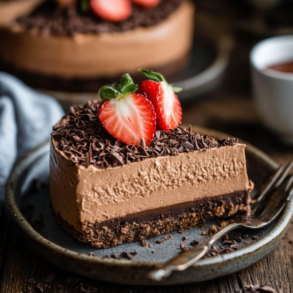 No bake Nutella cheesecake with a creamy chocolate-hazelnut filling, Oreo crust, and whipped cream topping.