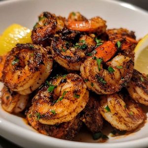 A sizzling skillet of blackened shrimp coated in Cajun spices, garnished with lime wedges and fresh herbs.