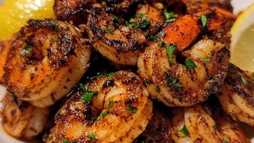 A sizzling skillet of blackened shrimp coated in Cajun spices, garnished with lime wedges and fresh herbs.