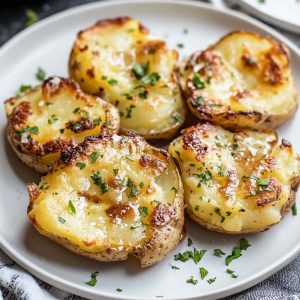 Crispy smashed potatoes with golden edges, garnished with fresh herbs and served with garlic aioli.