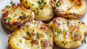 Crispy smashed potatoes with golden edges, garnished with fresh herbs and served with garlic aioli.