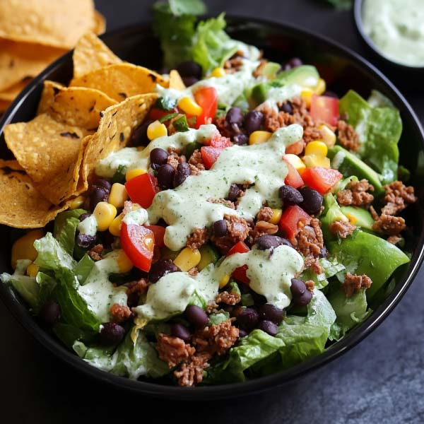 A vibrant taco salad topped with seasoned ground beef, shredded cheese, cherry tomatoes, avocado, and a drizzle of cilantro lime ranch dressing.