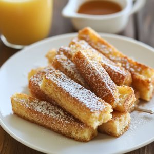 Golden baked French toast sticks coated in cinnamon sugar, served with maple syrup for dipping.