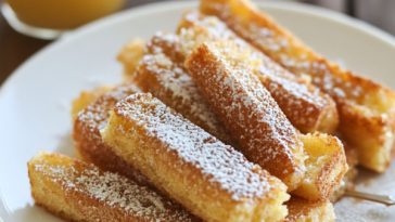 Golden baked French toast sticks coated in cinnamon sugar, served with maple syrup for dipping.