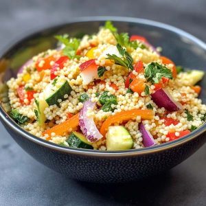 Colorful couscous salad with chopped vegetables and herbs in a serving bowl with lemon wedges.