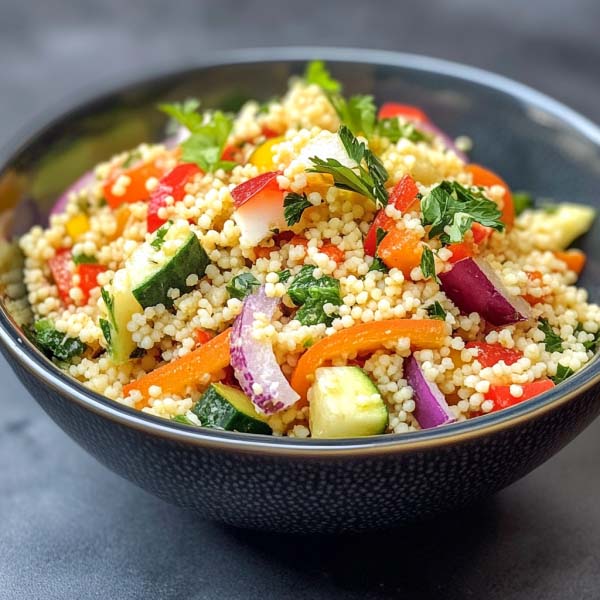 Colorful couscous salad with chopped vegetables and herbs in a serving bowl with lemon wedges.