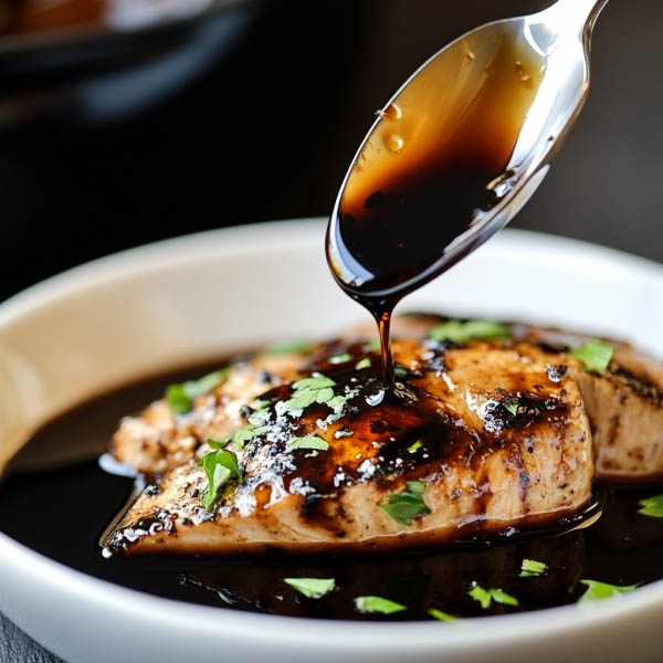 A small glass jar of glossy balsamic glaze with a spoon, surrounded by fresh tomatoes, mozzarella, and basil.