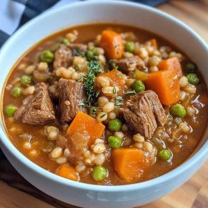 Rustic beef and barley stew in a bowl with tender beef, vegetables, and fresh herbs.