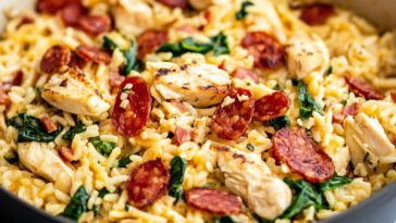 One pot chicken risoni topped with crispy salami slices in a rustic pan