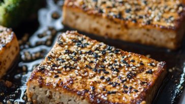Sesame crusted tofu steaks on a plate with dipping sauce and garnish