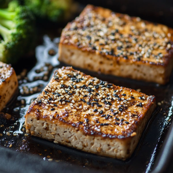 Sesame crusted tofu steaks on a plate with dipping sauce and garnish