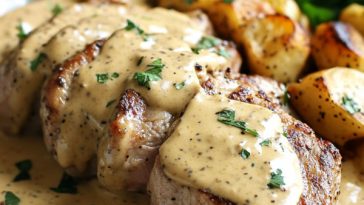 Sliced pork tenderloin topped with creamy mustard sauce on a serving platter