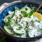 Creamy cucumber salad with lemon yogurt dressing served in a bowl