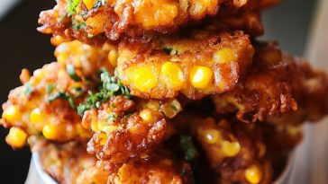 Golden crispy corn fritters stacked on a plate with dipping sauce