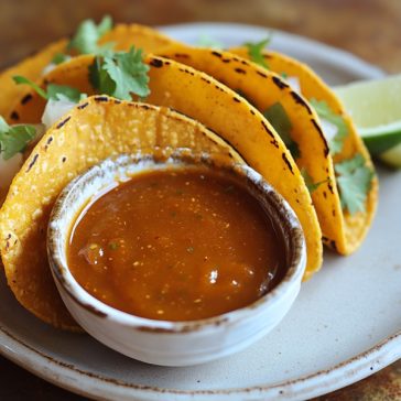 Homemade taco sauce in a jar with chili peppers and spices
