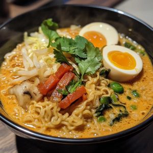 Bowl of Thai coconut curry ramen with noodles, vegetables, and fresh herbs