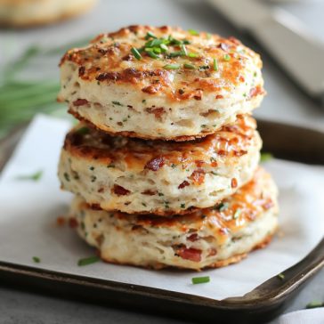 Golden bacon cheddar chive biscuits stacked on a plate with melted cheese and fresh herbs.