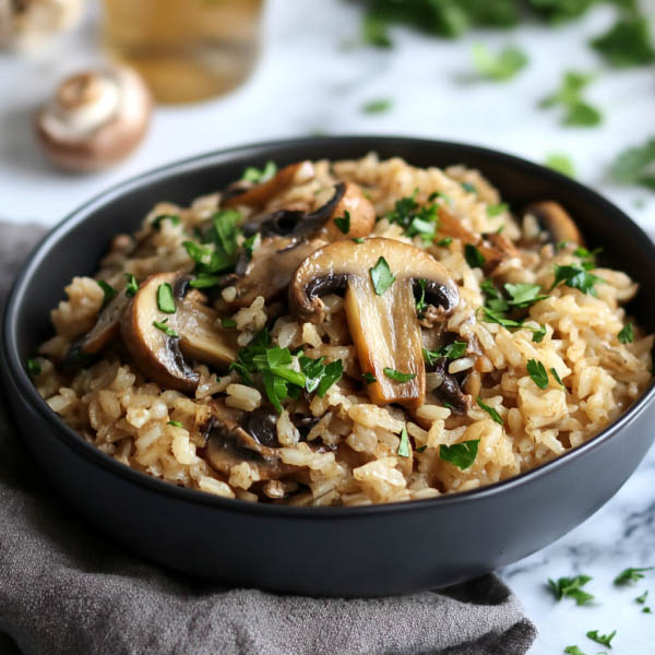 One pot mushroom rice with garlic ranch seasoning served in a rustic skillet.