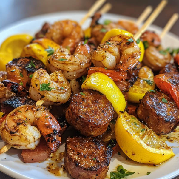 Grilled Cajun shrimp and sausage skewers garnished with fresh parsley and lemon wedges.