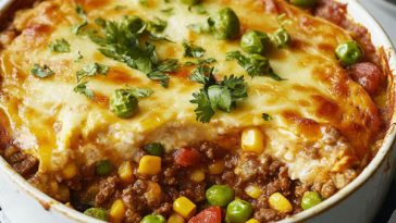 Mexican beef mince bake topped with melted cheese, beans, and corn served in a casserole dish.