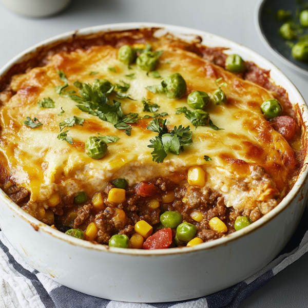 Mexican beef mince bake topped with melted cheese, beans, and corn served in a casserole dish.