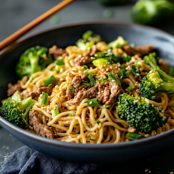 Chinese beef and broccoli noodles stir-fried with soy garlic sauce, served in a bowl.