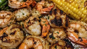 Grilled garlic butter shrimp skewers garnished with fresh herbs and lemon wedges