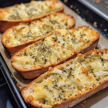 Homemade garlic bread with melted cheese and herbs on a wooden board