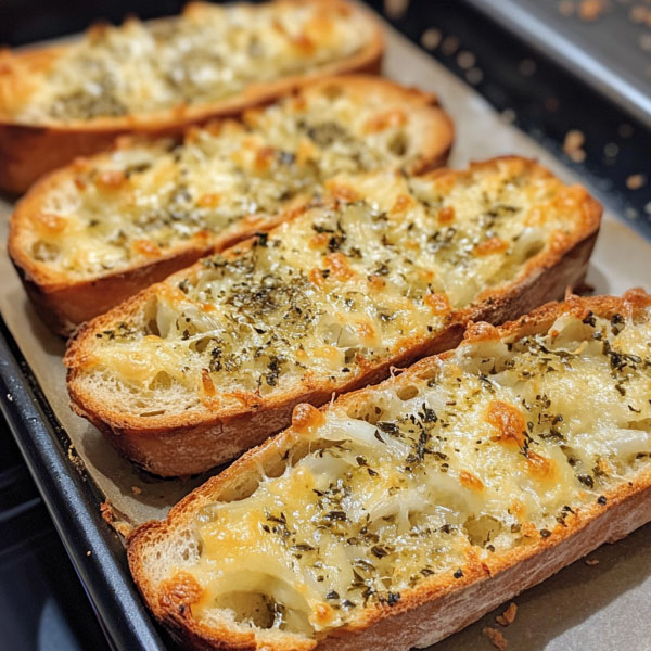 Homemade garlic bread with melted cheese and herbs on a wooden board
