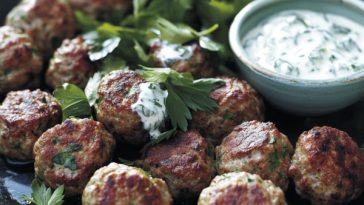 Grilled lamb koftas served with creamy yoghurt dressing and herbs