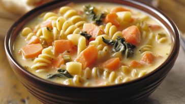 Creamy vegetable soup with noodles served in a bowl