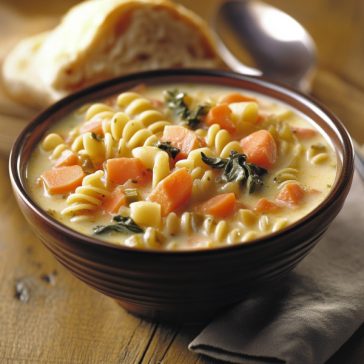 Creamy vegetable soup with noodles served in a bowl