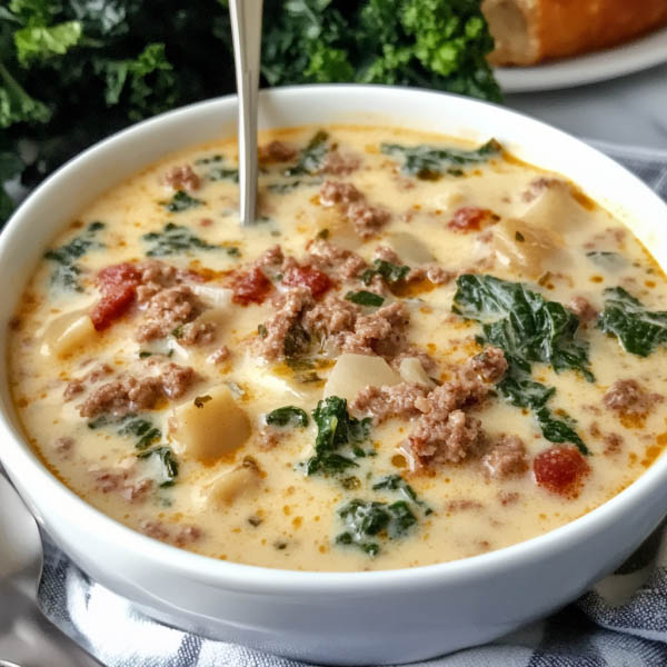 Bowl of creamy Zuppa Toscana soup with sausage, potatoes, and kale