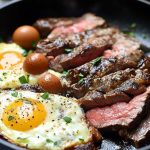 Juicy steak served with sunny-side-up eggs on a rustic plate