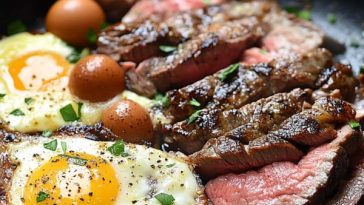 Juicy steak served with sunny-side-up eggs on a rustic plate