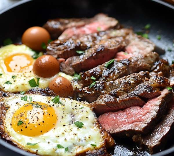 Juicy steak served with sunny-side-up eggs on a rustic plate
