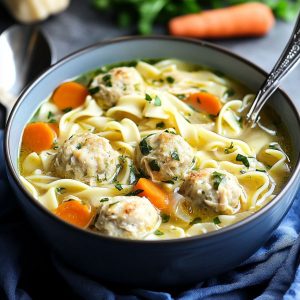 Bowl of chicken meatball noodle soup with fresh herbs and vegetables.