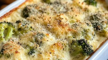 Golden baked broccoli Parmesan dip served in a dish with bread slices and crackers.