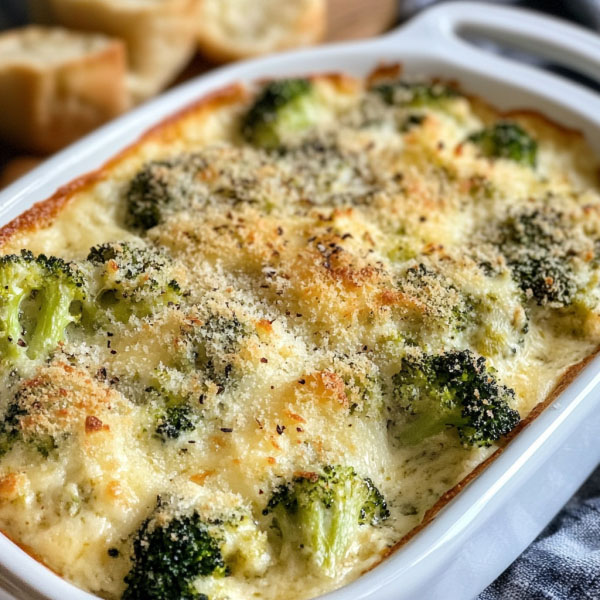Golden baked broccoli Parmesan dip served in a dish with bread slices and crackers.